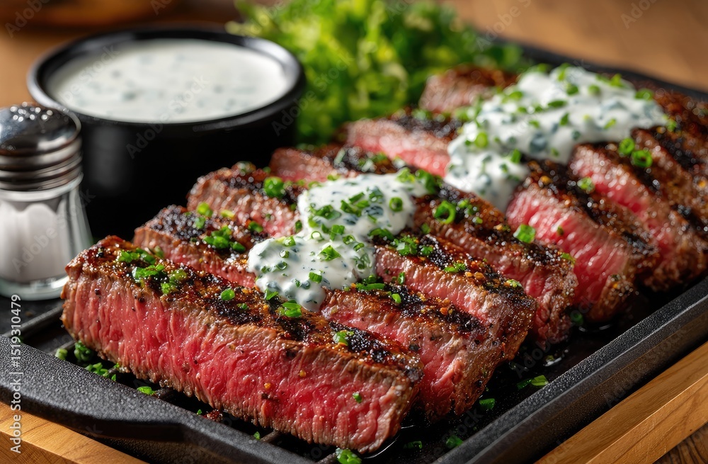 Sliced flat iron steak on a black grill plate, with ranch dressing and a salt shaker, against a wooden table background. Sliced flat iron steak on a black grill plate, with ranch dressing and a salt shaker, against a wooden table background.