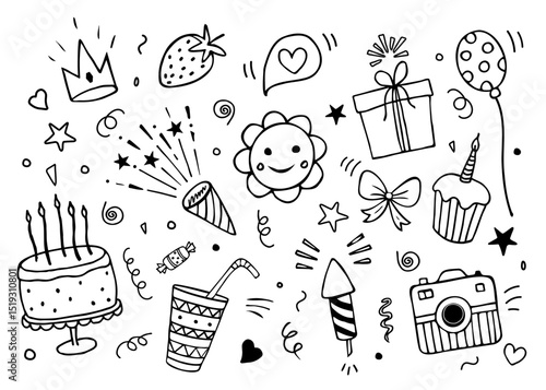 Hand drawn doodle vector set with birthday party elements: cake, balloons, gifts, confetti, and fun symbols. Playful black and white style, perfect for greeting cards, invitations, and kids decor.