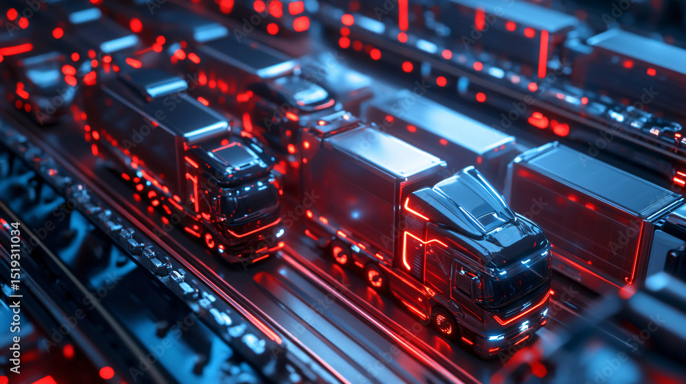 Obraz premium AI-based logistics hub coordinating multiple fleets for optimal fuel efficiency.