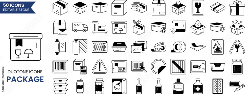 Box and Packaging icon set in duotone style. Set of 50 icons related to cargo, box, pack, crumpled box, delivery, pack box and more. Vector illustration Box and Packaging icon set in duotone style. Set of 50 icons related to cargo, box, pack, crumpled box, delivery, pack box and more. Vector illustration
