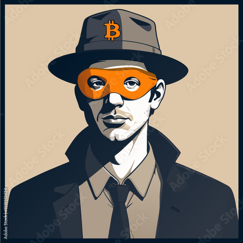 Mysterious Bitcoin Man in Hat and Mask – Crypto Concept Illustration