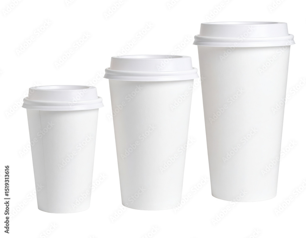 Three white disposable coffee cups with lids in different sizes. Three white disposable coffee cups with lids in different sizes.