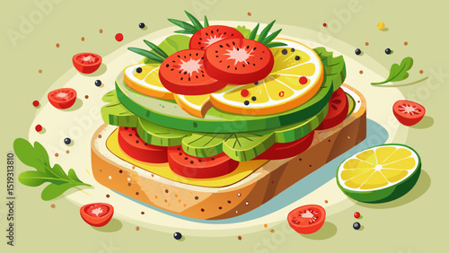 Multigrain toast stacked with mashed avocado, cherry tomatoes, sprouts, lemon juice, and red pepper flakes, styled for close-up with clean background showcasing fresh, minimalistic plant-based flavor.