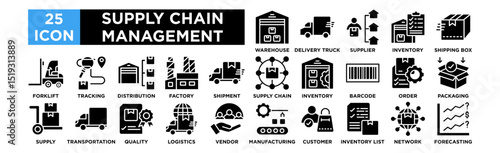 Supply Chain Management icon collection set. Warehouse, Delivery Truck, Supplier, Inventory, Shipping Box