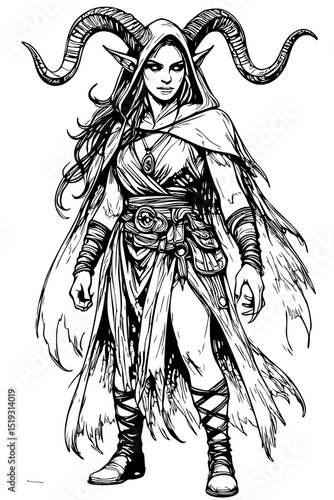 Mystic Horned Sorceress – Fantasy Female Mage in Tattered Cloak and Ritual Attire