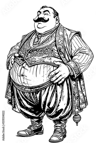 Charming Aristocrat Character – Vintage Ink Illustration of Plump Nobleman in Traditional Robe