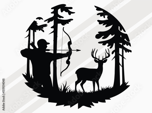 Hunter with Bow and Deer Silhouette, Bow Hunter SVG, Hunting SVG, Hunting Season SVG, Deer Hunting SVG, Bow and Arrow, Hunting Dad, American Flag, Nature and Hunting Enthusiasts