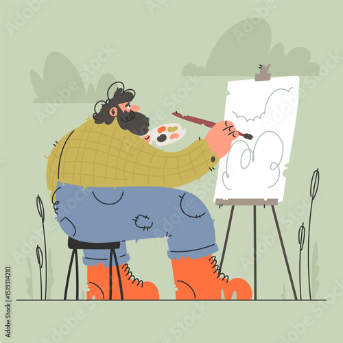 The Painter in His Natural Habitat. A Cartoon Style Illustration of an Artist