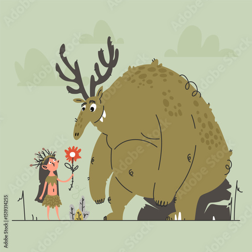 A Kind Offering. Little Girl Presents a Flower to a Gentle Giant with Antlers