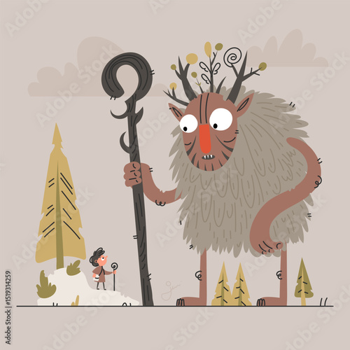 Forest Giant and Boy Encounter Illustration, A Whimsical Scene of Nature and Adventure
