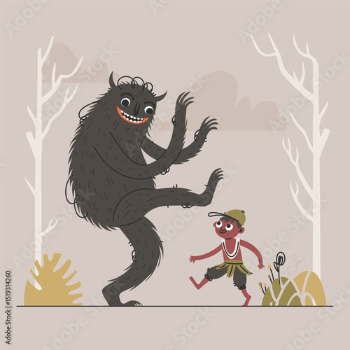 A Childs Adventure. Confronting a Friendly Monster in a Whimsical Forest Scene.