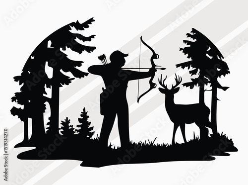 Hunter with Bow and Deer Silhouette, Bow Hunter SVG, Hunting SVG, Hunting Season SVG, Deer Hunting SVG, Bow and Arrow, Hunting Dad, American Flag, Nature and Hunting Enthusiasts