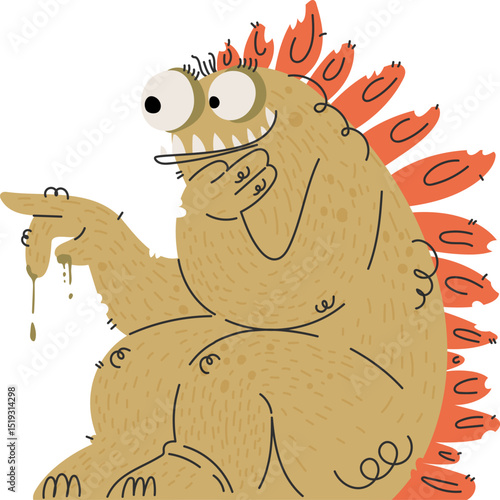 Funny Monster Cartoon Character with Red Spikes and Drooling Green Slimy Finger