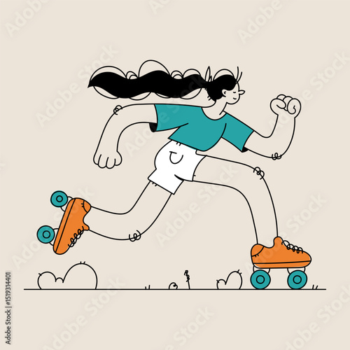 Roller Girl. A Cartoon Illustration of a Woman on Roller Skates, With a Smile