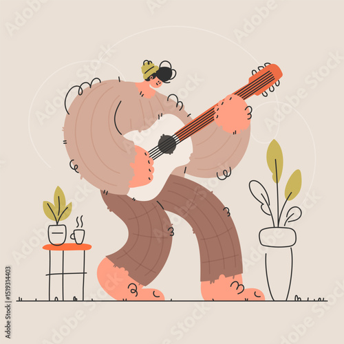 Guitar Player with Coffee and Plants. An Illustration of a Musician Relaxing at Home