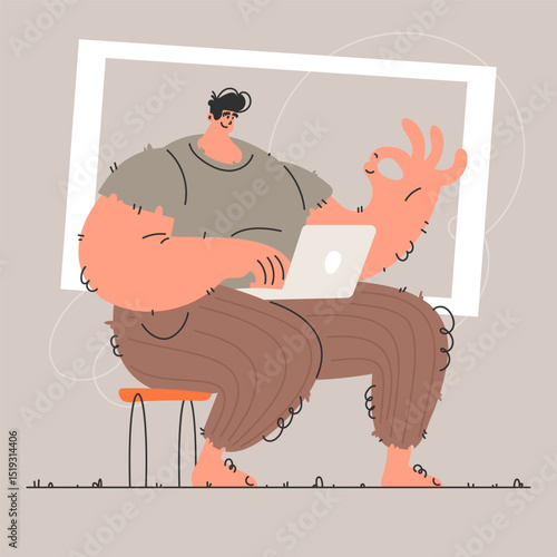 Man working on a laptop and showing okay sign in a stylized cartoon illustration.