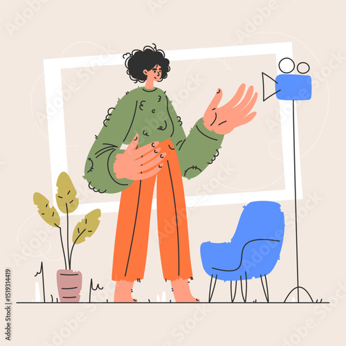 Cartoon vlogger with vintage video camera. Content creation, online broadcasting.