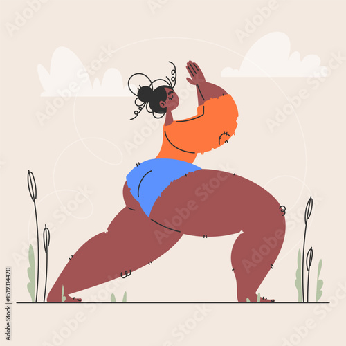 Curvy Woman Doing Yoga Outdoors, Warrior Pose, Healthy Lifestyle, Body Positive.