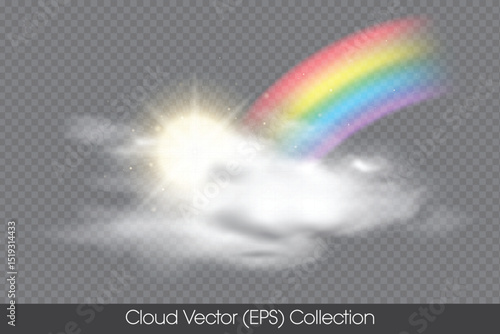Realistic Cloud, Rainbow and sun with magical glow, isolated Vector (EPS) Illustration on transparent background