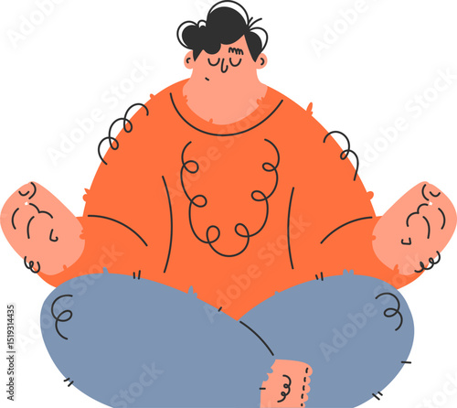 Cartoon Man Meditating in Lotus Position for Mental Health and Wellness, Vector.