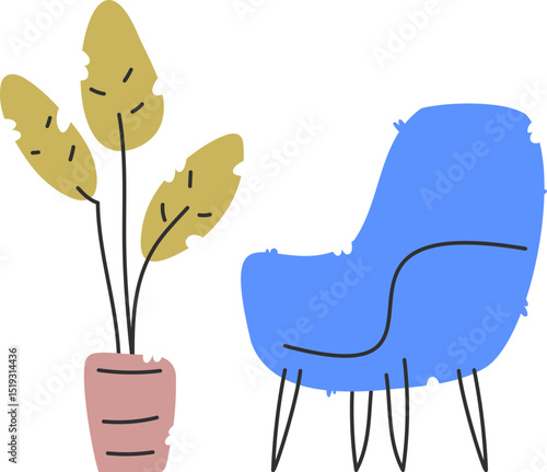 Blue Chair and Potted Plant Illustration, Interior Design and Home Decor Concept.