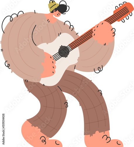 Stylized Character Playing Guitar, Whimsical Illustration of a Musician