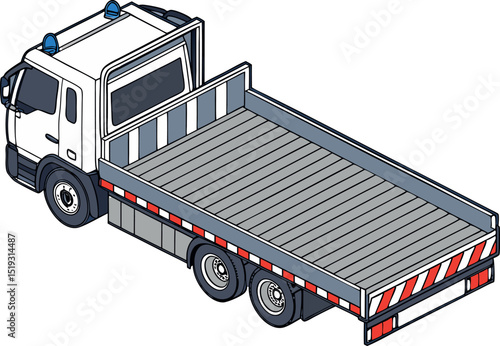 Isometric illustration of a white flatbed tow truck with striped safety markings, isolated on white for transportation and roadside assistance concepts.