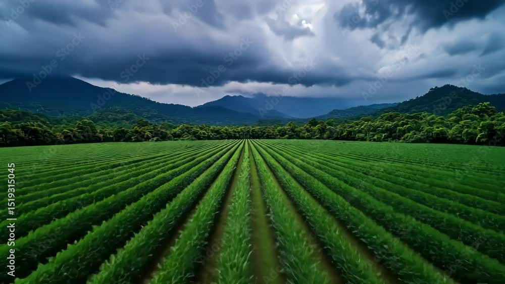 Green corn field agriculture landscape under cloudy sky, trees, mountains Green corn field agriculture landscape under cloudy sky, trees, mountains