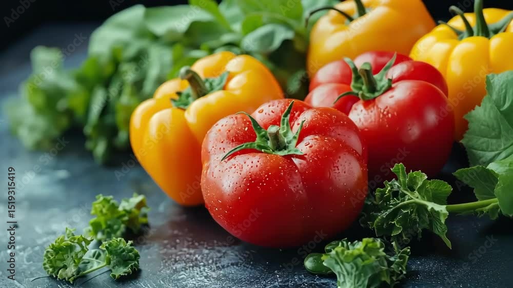 Fresh organic vegetables: Red tomato, yellow bell pepper and green kale with water droplets, concept of healthy lifestyle and food Fresh organic vegetables: Red tomato, yellow bell pepper and green kale with water droplets, concept of healthy lifestyle and food