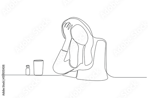 Woman having headache one-line art drawing. Healthcare concept continuous outline vector background.
