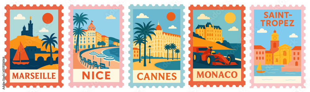 Obraz premium SET OF FRENCH RIVIERA STAMPS ILLUSTRATION (MARSEILLE, MONACO, NICE, CANNES, SAINT TROPEZ)