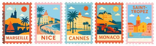 SET OF FRENCH RIVIERA STAMPS ILLUSTRATION (MARSEILLE, MONACO, NICE, CANNES, SAINT TROPEZ)