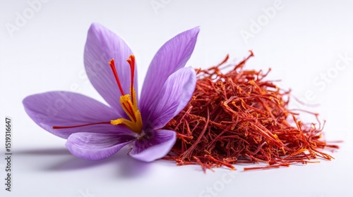 Purple Saffron Flower And Dried Threads On White Background