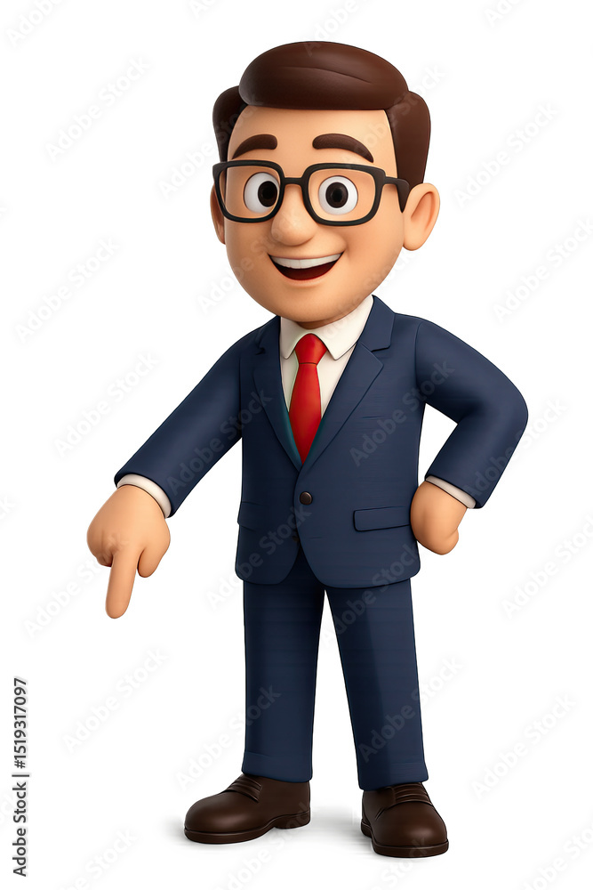 A smiling 3D cartoon businessman wearing glasses, a navy suit, and red tie points downward with both index fingers. Indicating something below or emphasizing a point. A smiling 3D cartoon businessman wearing glasses, a navy suit, and red tie points downward with both index fingers. Indicating something below or emphasizing a point.
