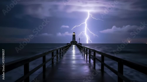 Lightning Strikes the Ocean Near a Lighthouse During a Stormy Night