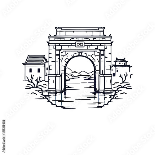 Traditional Chinese Archway Over Water – Elegant Monochromatic Vector Illustration Featuring Historic Architecture and Scenic Landscape