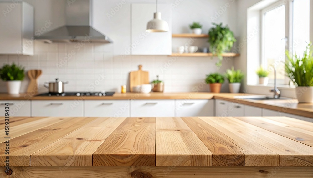 Wooden table on blurred kitchen bench background. Empty wooden table and blurred kitchen background Wooden table on blurred kitchen bench background. Empty wooden table and blurred kitchen background