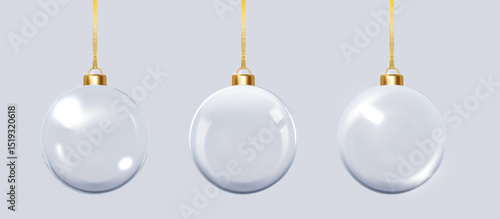 Glass Christmas balls realistic hanging on ribbons. Transparent 3D baubles for winter holiday home decor. Isolated vector elements