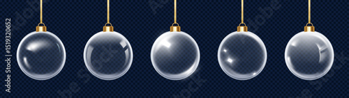 Glass baubles set. Hanging 3D transparent Christmas balls for Xmas and New Year celebration.
