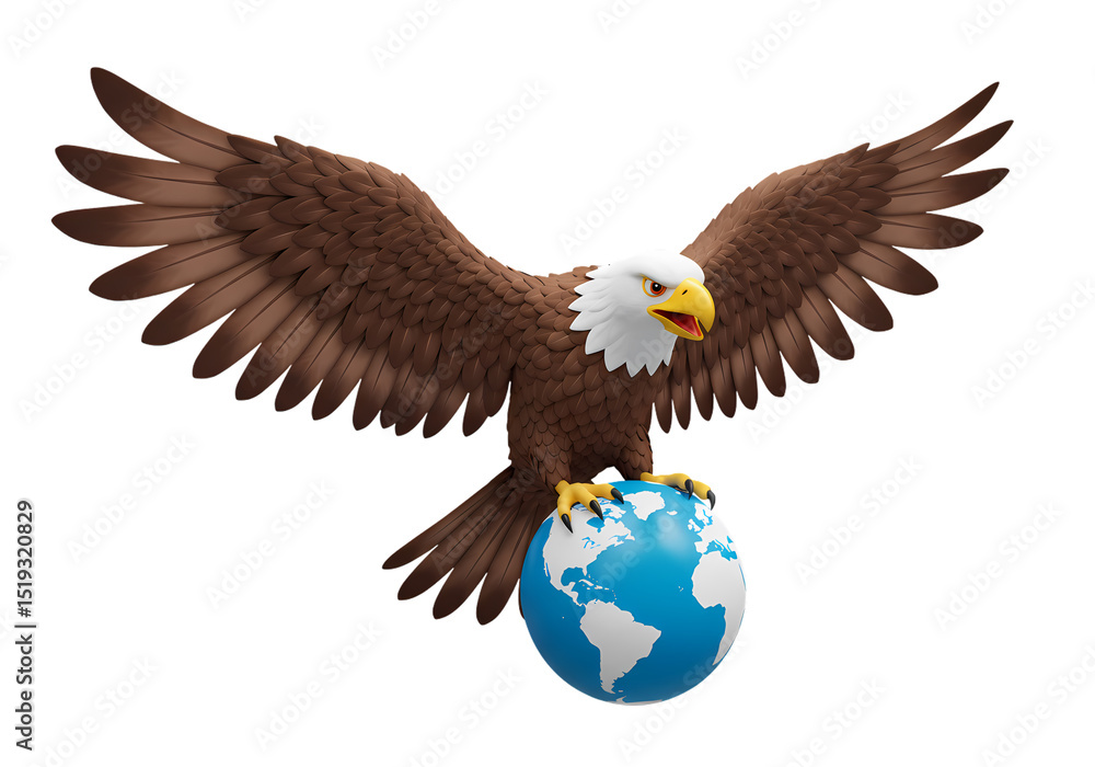Fototapeta premium Bald Eagle Perched on a World Globe isolated on transparent baackground