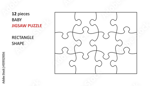 Jigsaw puzzle blank template. Cutting lines grid design for baby jigsaw rectangle puzzle - 12 pieces.