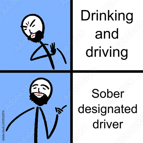 Drinking and driving vs sober designated driver. Funny meme for social media sharing.