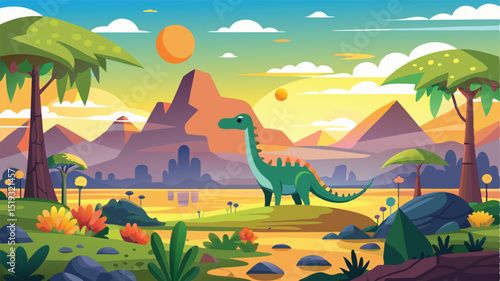 Cartoon Brachiosaurus in a Colorful Prehistoric Landscape with Mountains and Trees