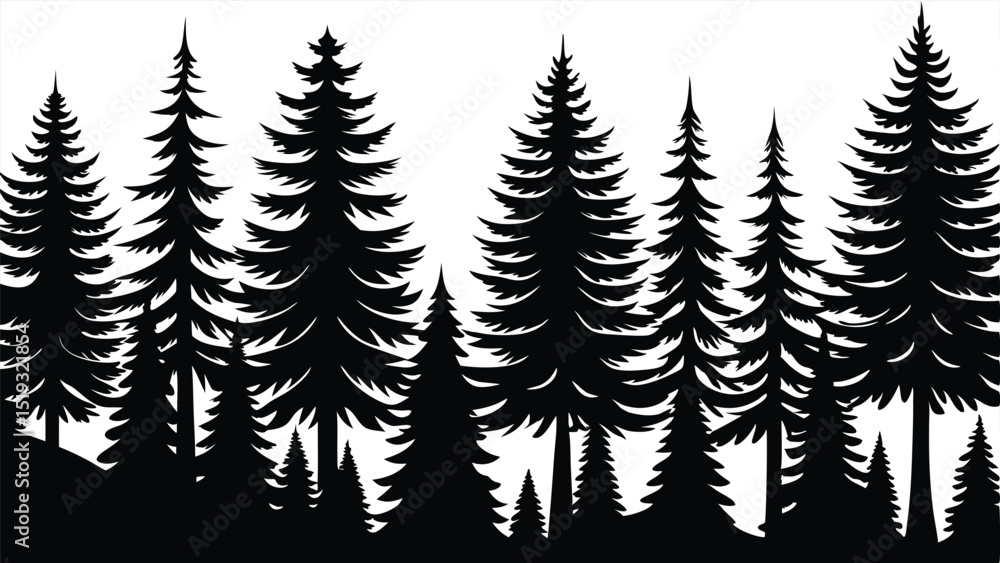 Obraz premium Black and White Silhouette of a Dense Evergreen Forest Landscape