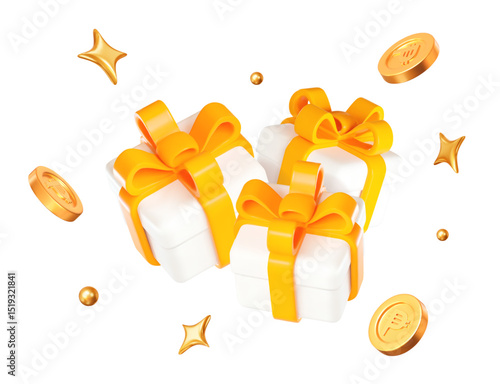 3d white gift box with flying golden coins of Philippine Peso, stars and balls. Stock vector illustration on isolated background.