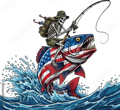 A patriotic angler skeleton rides a giant fish adorned with american flag colors