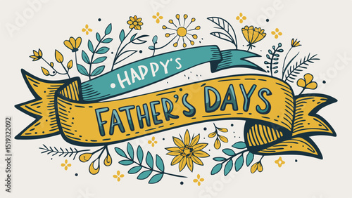 Happy Fathers Day Floral Banner with Yellow and Teal Color Palette
