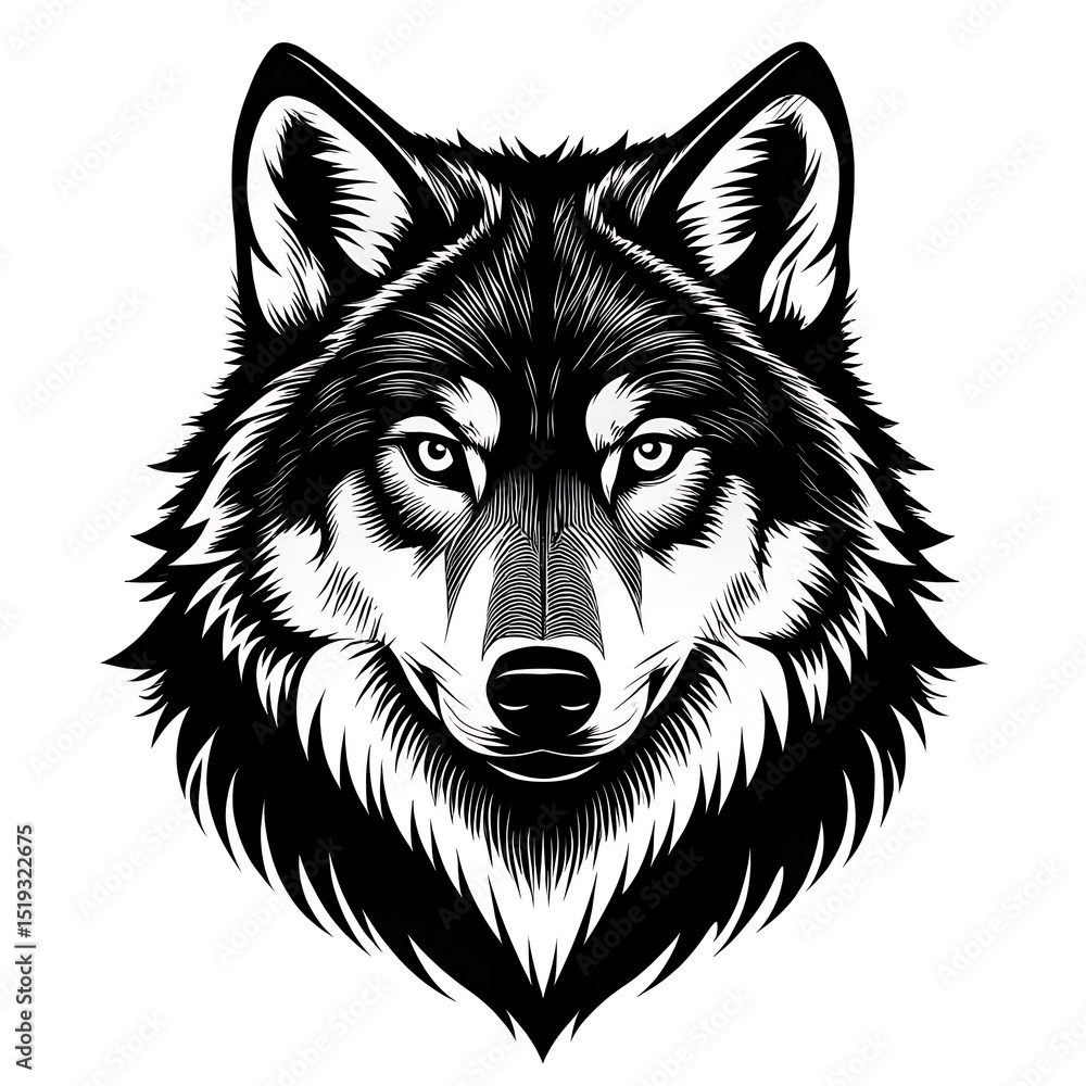 Fototapeta premium Detailed Black and White Illustration of a Wolfs Face