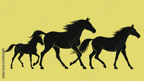 Three Horses Walking in Silhouette Against a Yellow Background Illustration