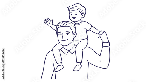 Father carrying his son on his shoulders in a line drawing
